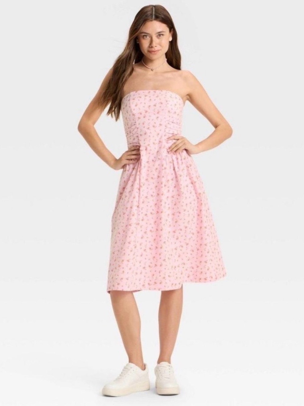 NWOT Wild Fable Pink Floral Strapless Smocked Midi Sundress M Garden Party